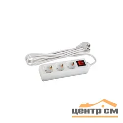 Удлинитель с заземлением с выключателем 3 гнезда 5 метров 16А, 3x1мм2 ПВС белый Россия ЭРА U-3es-5m