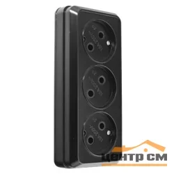 Розетка 3-местная ОП General Альфа 2П IP20 10A черная горизонтальная